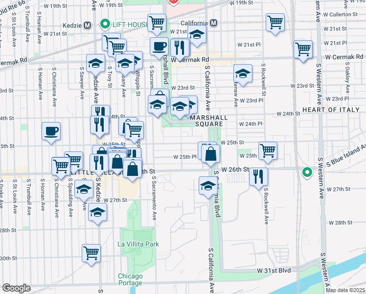 map of restaurants, bars, coffee shops, grocery stores, and more near 2857 West 25th Place in Chicago