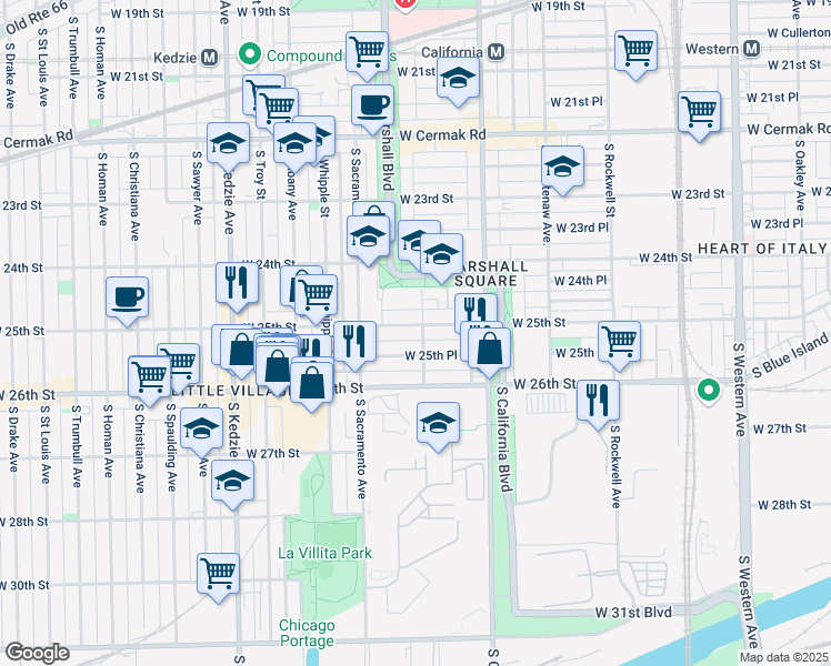 map of restaurants, bars, coffee shops, grocery stores, and more near 2857 West 25th Place in Chicago