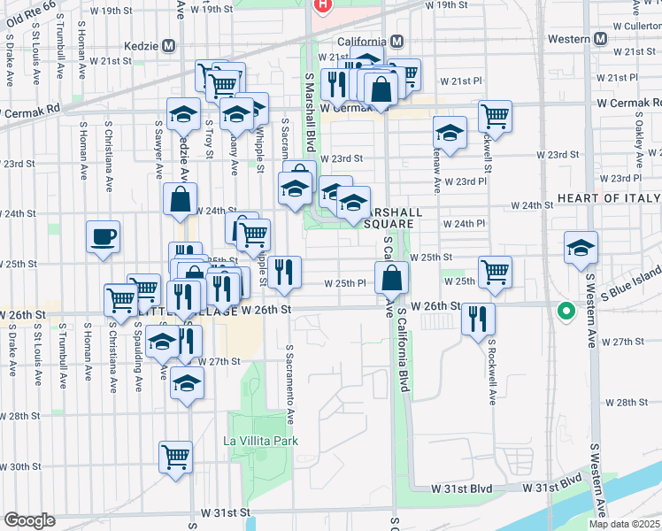 map of restaurants, bars, coffee shops, grocery stores, and more near 2857 West 25th Place in Chicago