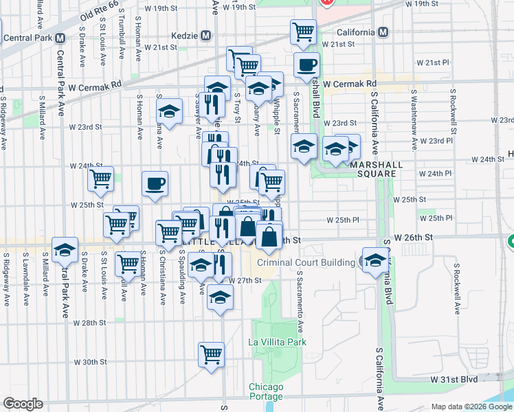 map of restaurants, bars, coffee shops, grocery stores, and more near 2529 South Troy Street in Chicago