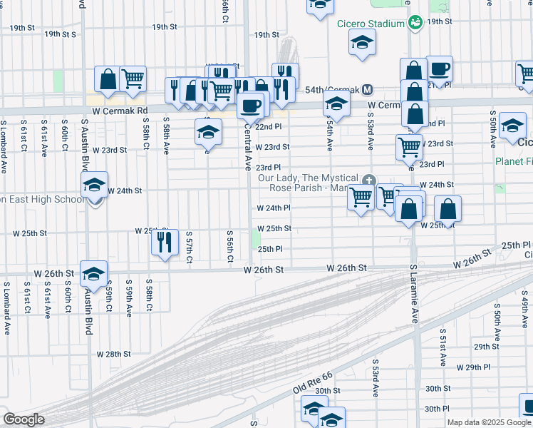 map of restaurants, bars, coffee shops, grocery stores, and more near in Cicero