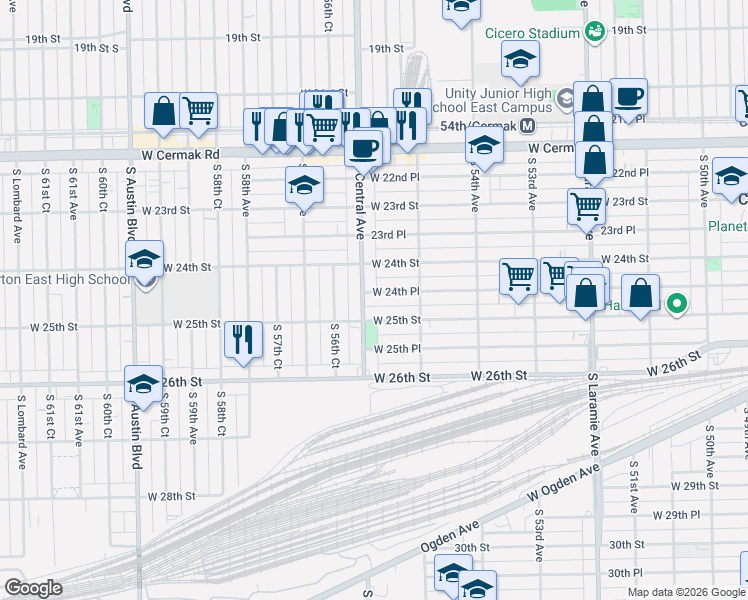 map of restaurants, bars, coffee shops, grocery stores, and more near in Cicero