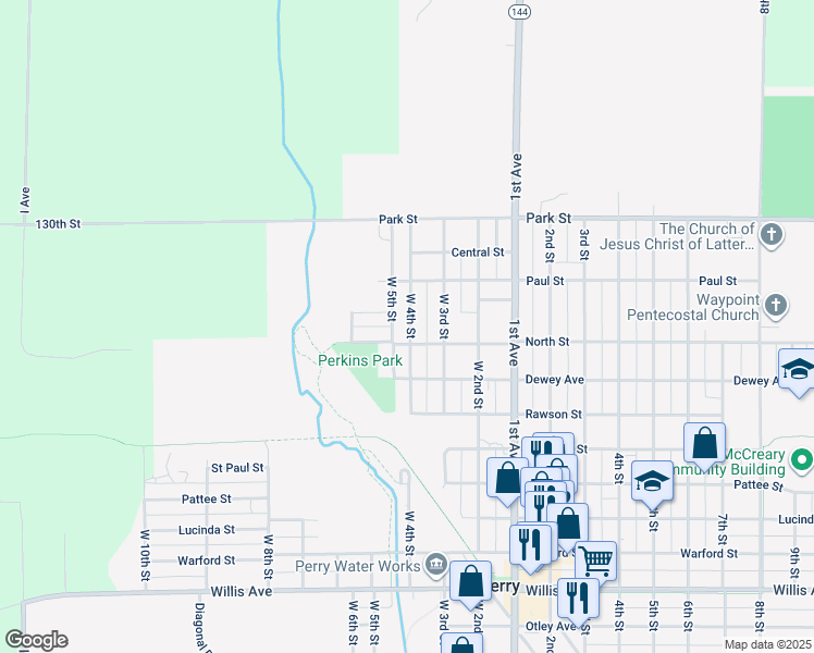 map of restaurants, bars, coffee shops, grocery stores, and more near 1717 West 5th Street in Perry