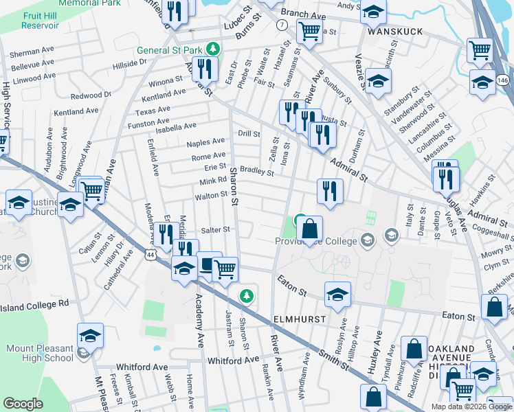 map of restaurants, bars, coffee shops, grocery stores, and more near 17 La Salle Drive in Providence