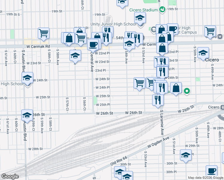 map of restaurants, bars, coffee shops, grocery stores, and more near 5427 West 25th Street in Cicero