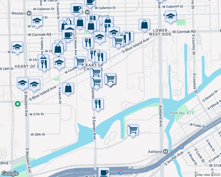 map of restaurants, bars, coffee shops, grocery stores, and more near 2404 South Wolcott Avenue in Chicago