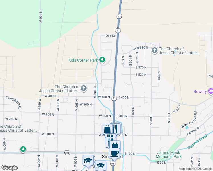 map of restaurants, bars, coffee shops, grocery stores, and more near 470 North 60 West in Smithfield