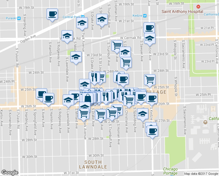 map of restaurants, bars, coffee shops, grocery stores, and more near W 25th St & S Trumbull Ave in Chicago