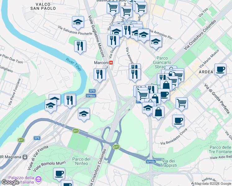 map of restaurants, bars, coffee shops, grocery stores, and more near 700 Viale Guglielmo Marconi in Roma