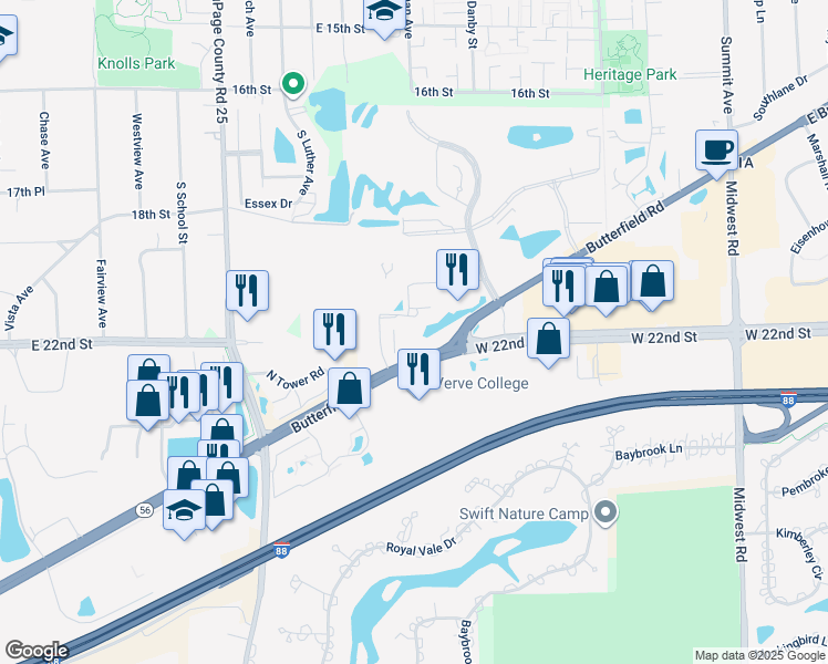 map of restaurants, bars, coffee shops, grocery stores, and more near 2 Lincoln Center in Oakbrook Terrace