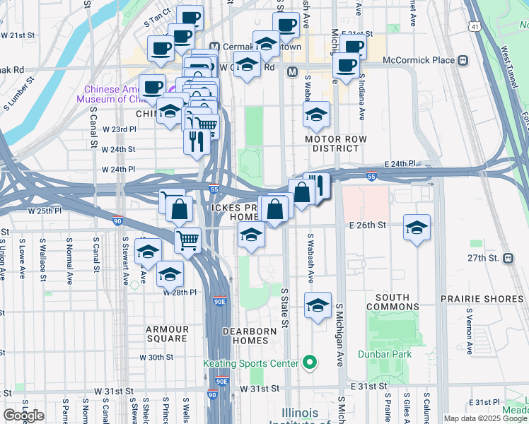 map of restaurants, bars, coffee shops, grocery stores, and more near 1600 South State Street in Chicago