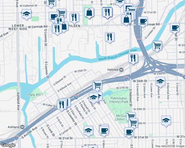 map of restaurants, bars, coffee shops, grocery stores, and more near 2500 West 25th Street in Chicago