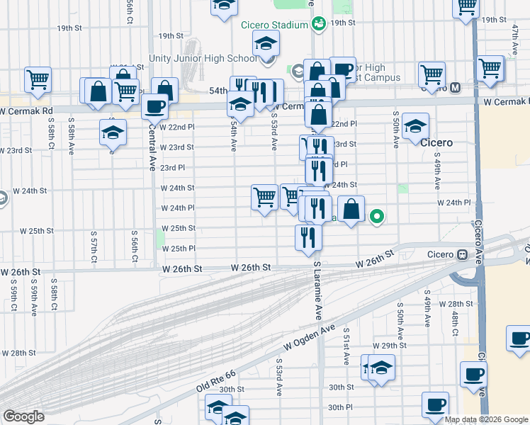 map of restaurants, bars, coffee shops, grocery stores, and more near 5321 West 24th Street in Cicero