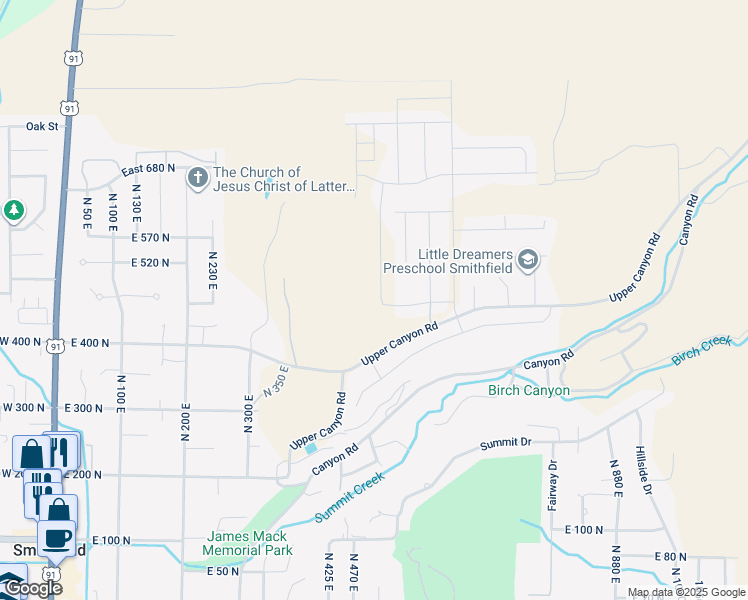 map of restaurants, bars, coffee shops, grocery stores, and more near 507 North 510 East in Smithfield
