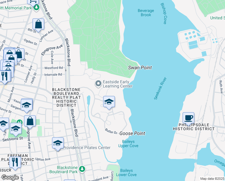 map of restaurants, bars, coffee shops, grocery stores, and more near 355 Blackstone Boulevard in Providence