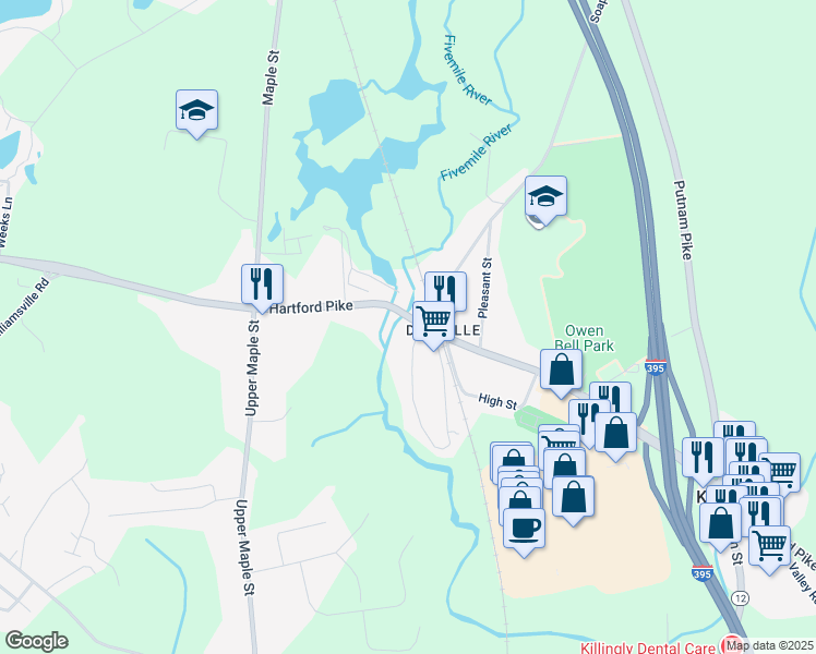 map of restaurants, bars, coffee shops, grocery stores, and more near 425 Hartford Pike in Killingly
