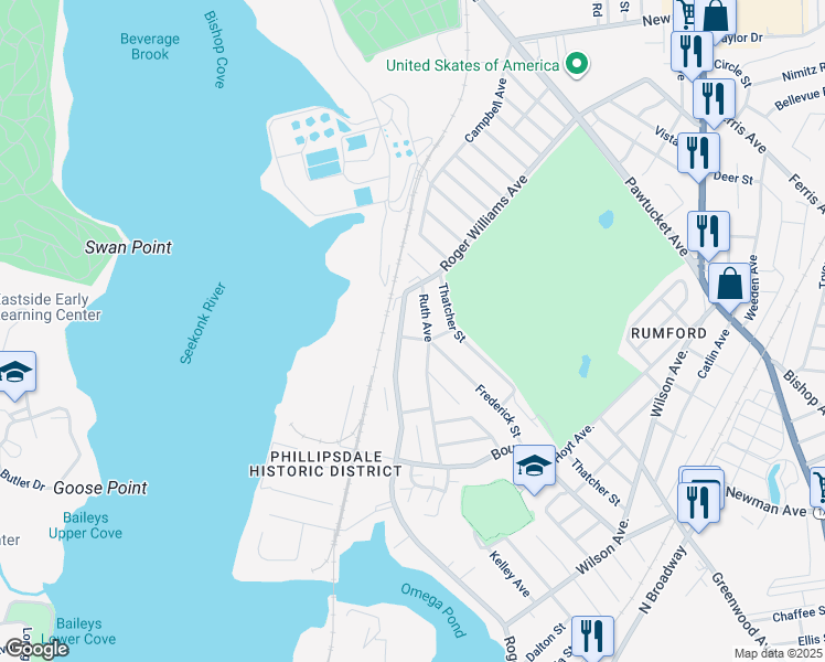 map of restaurants, bars, coffee shops, grocery stores, and more near 106 Ruth Avenue in East Providence