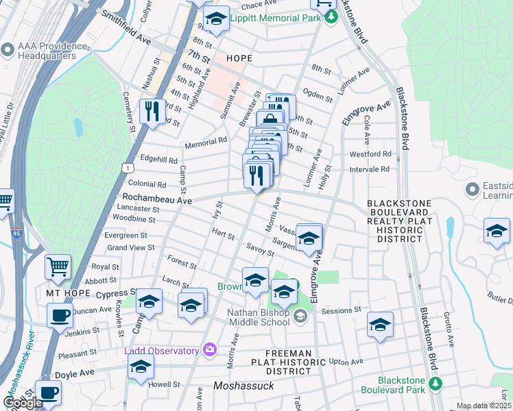 map of restaurants, bars, coffee shops, grocery stores, and more near in Providence
