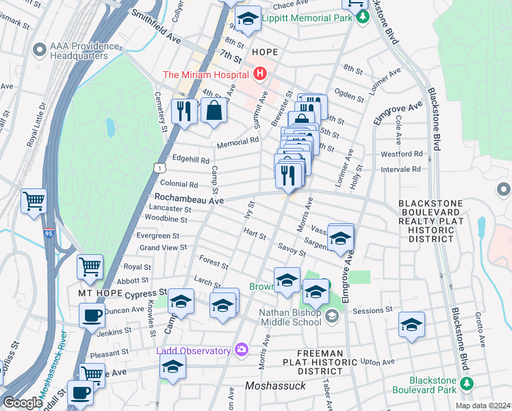 map of restaurants, bars, coffee shops, grocery stores, and more near 178 Rochambeau Avenue in Providence