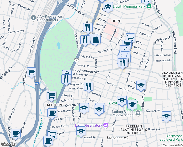 map of restaurants, bars, coffee shops, grocery stores, and more near 90 Colonial Road in Providence