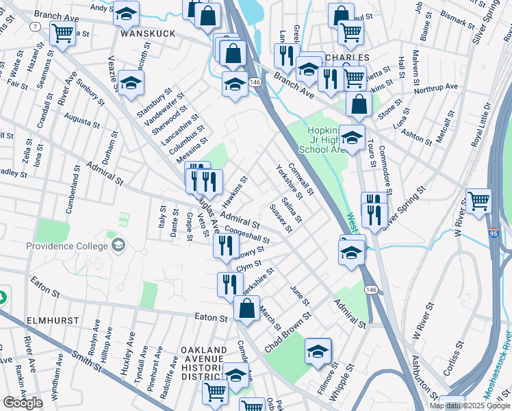 map of restaurants, bars, coffee shops, grocery stores, and more near 8 Glasgow Street in Providence