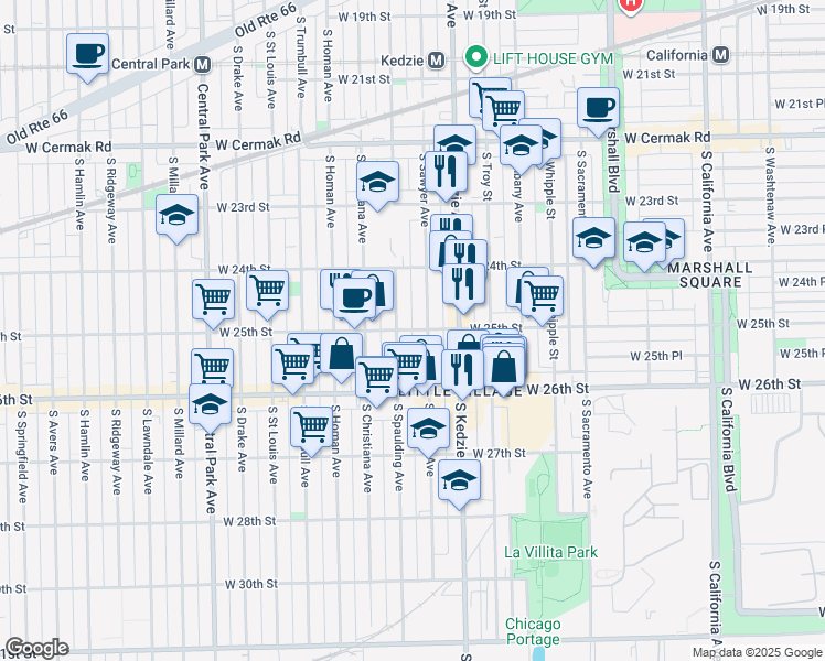 map of restaurants, bars, coffee shops, grocery stores, and more near 2436 South Sawyer Avenue in Chicago