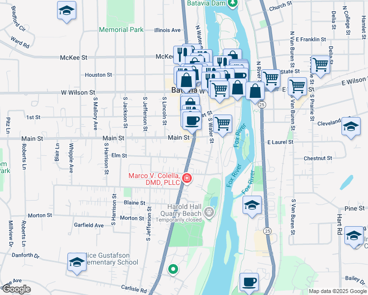 map of restaurants, bars, coffee shops, grocery stores, and more near in Batavia