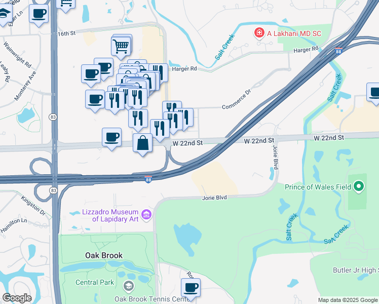map of restaurants, bars, coffee shops, grocery stores, and more near 1111 W 22nd Street in Oak Brook