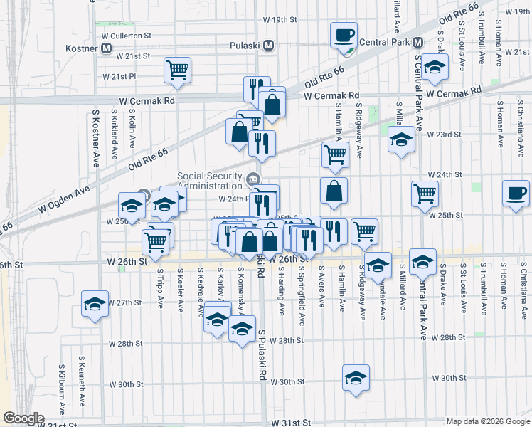 map of restaurants, bars, coffee shops, grocery stores, and more near 2433 South Pulaski Road in Chicago