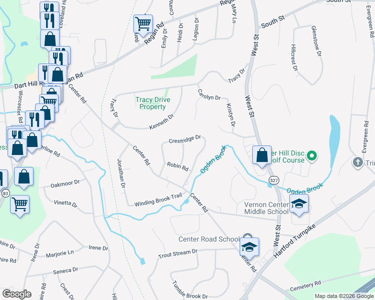 map of restaurants, bars, coffee shops, grocery stores, and more near 100 Crestridge Drive in Vernon