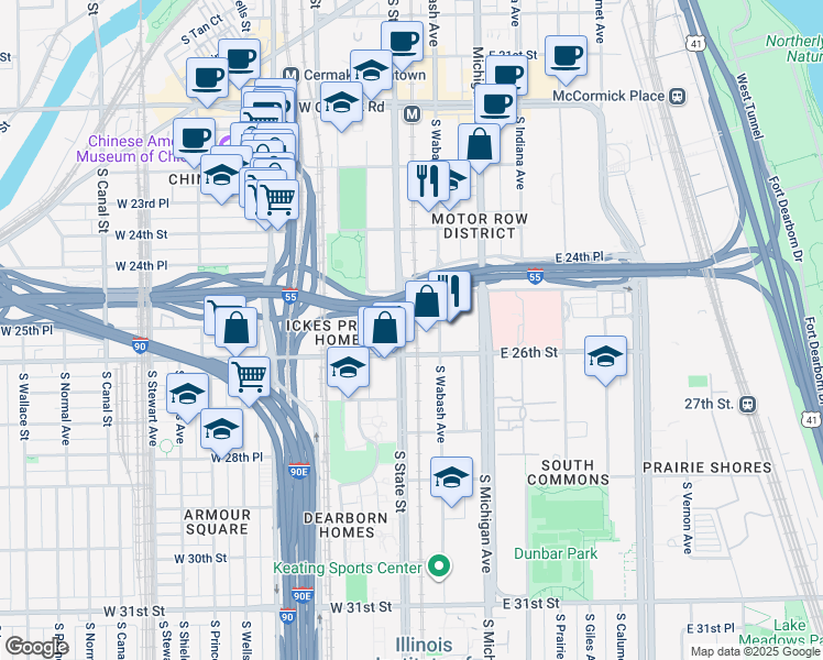 map of restaurants, bars, coffee shops, grocery stores, and more near 2528 South State Street in Chicago