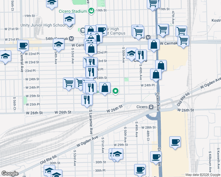 map of restaurants, bars, coffee shops, grocery stores, and more near 5046 South 51st Avenue in Cicero