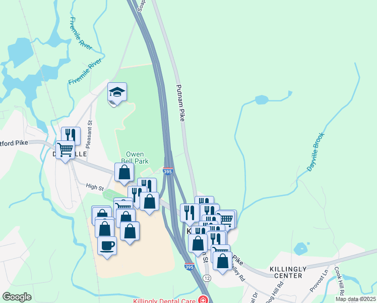 map of restaurants, bars, coffee shops, grocery stores, and more near 74 Putnam Pike in Killingly