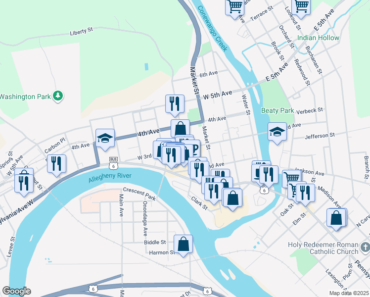 map of restaurants, bars, coffee shops, grocery stores, and more near 310 Liberty Street in Warren