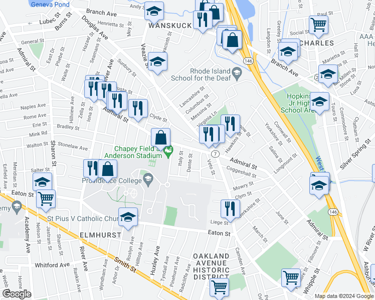 map of restaurants, bars, coffee shops, grocery stores, and more near 448 Admiral Street in Providence