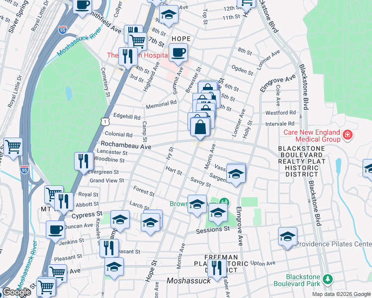 map of restaurants, bars, coffee shops, grocery stores, and more near 216 Rochambeau Avenue in Providence