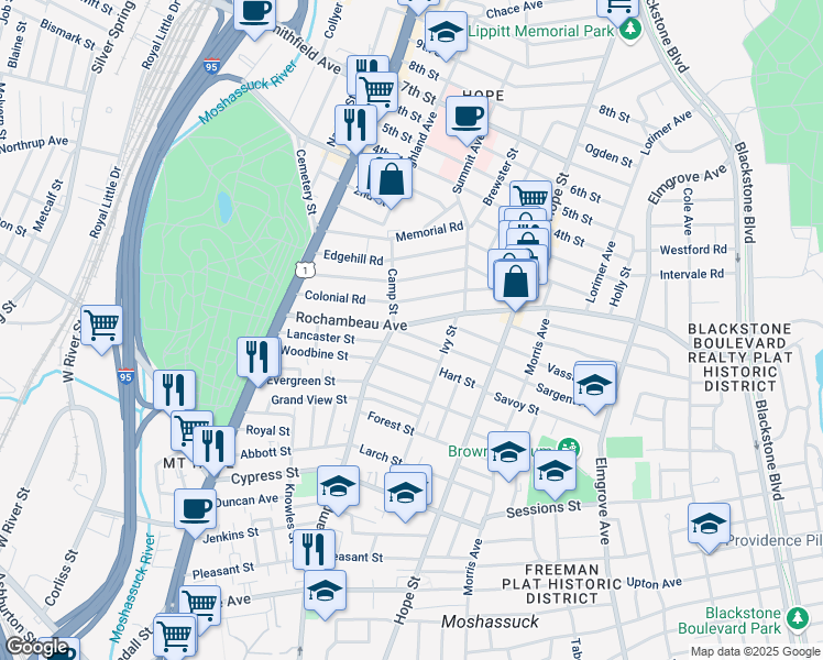 map of restaurants, bars, coffee shops, grocery stores, and more near 58 Colonial Road in Providence