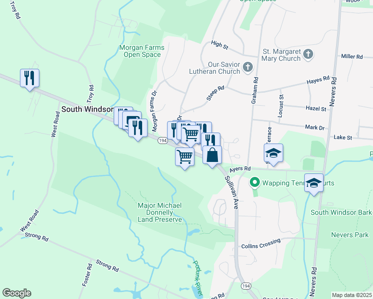 map of restaurants, bars, coffee shops, grocery stores, and more near 950 Sullivan Avenue in South Windsor