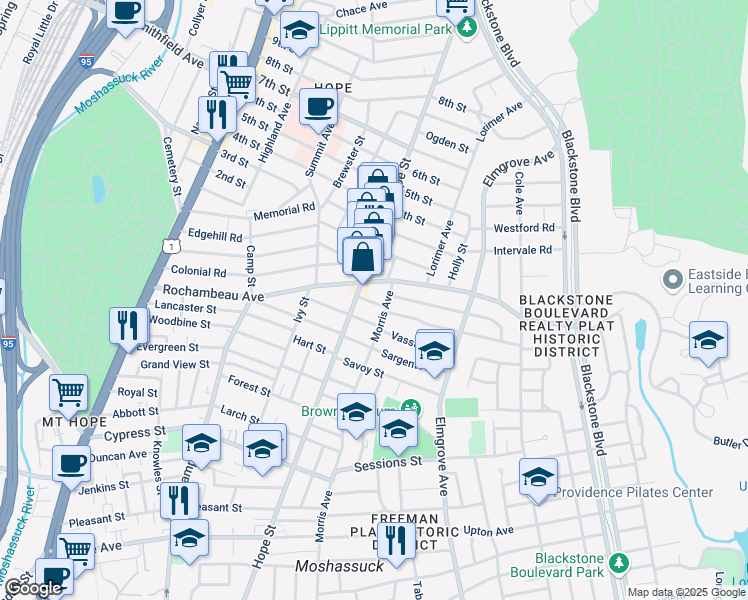 map of restaurants, bars, coffee shops, grocery stores, and more near 249 Rochambeau Avenue in Providence