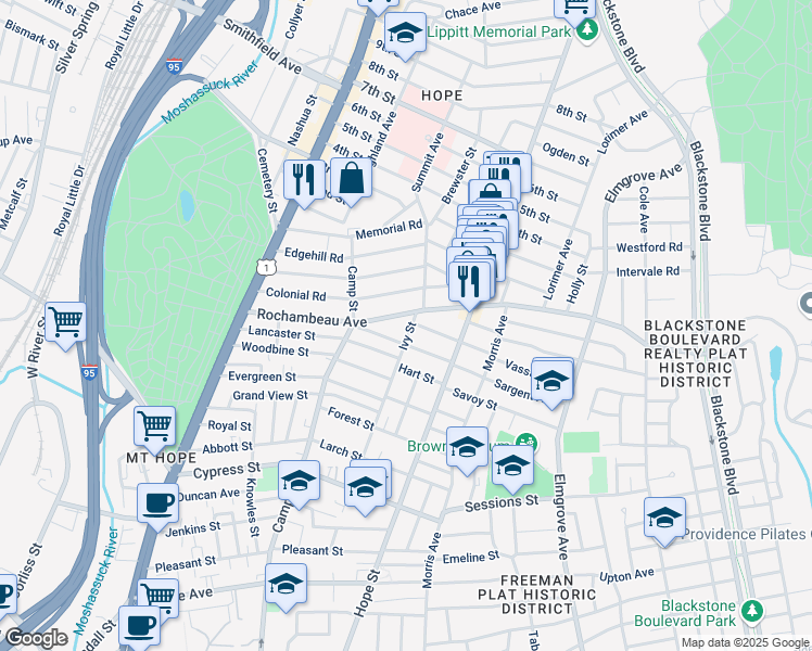 map of restaurants, bars, coffee shops, grocery stores, and more near 178 Rochambeau Avenue in Providence