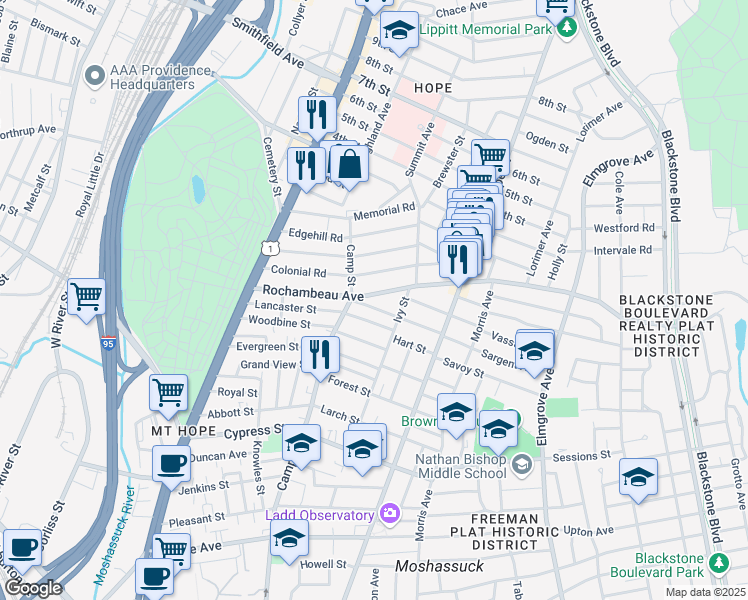 map of restaurants, bars, coffee shops, grocery stores, and more near 58 Colonial Road in Providence