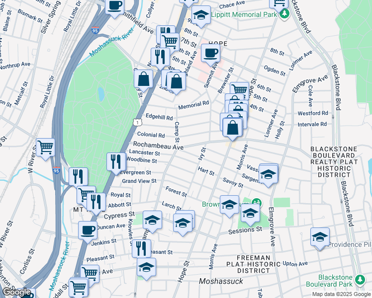 map of restaurants, bars, coffee shops, grocery stores, and more near 58 Colonial Road in Providence