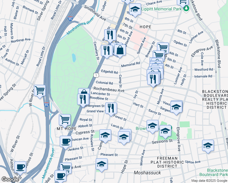 map of restaurants, bars, coffee shops, grocery stores, and more near 90 Colonial Road in Providence