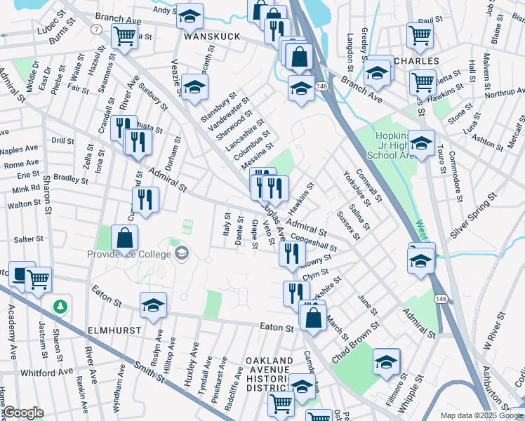 map of restaurants, bars, coffee shops, grocery stores, and more near 619 Rhode Island 7 in Providence