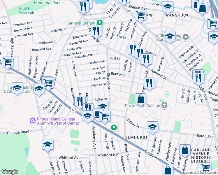 map of restaurants, bars, coffee shops, grocery stores, and more near 15 Walton Street in Providence