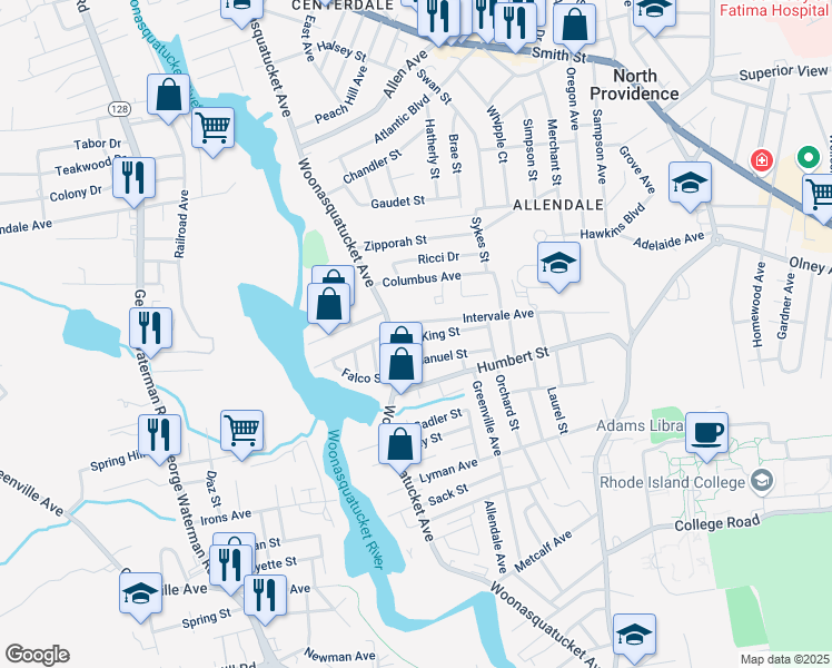 map of restaurants, bars, coffee shops, grocery stores, and more near 1 Intervale Avenue in North Providence