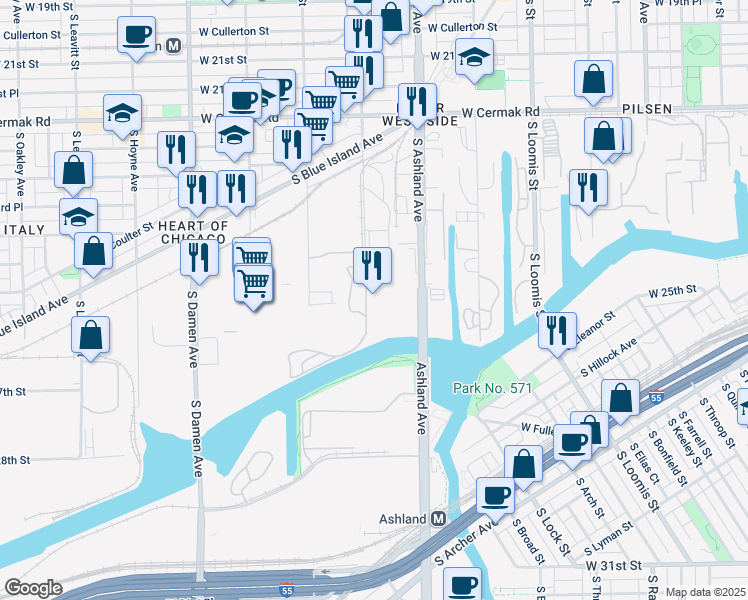 map of restaurants, bars, coffee shops, grocery stores, and more near 2500 South Paulina Street in Chicago