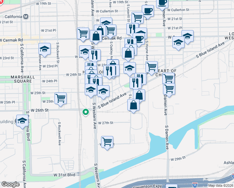 map of restaurants, bars, coffee shops, grocery stores, and more near 2254 West Coulter Street in Chicago