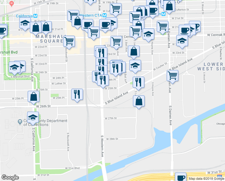 map of restaurants, bars, coffee shops, grocery stores, and more near 2324 West 25th Street in Chicago