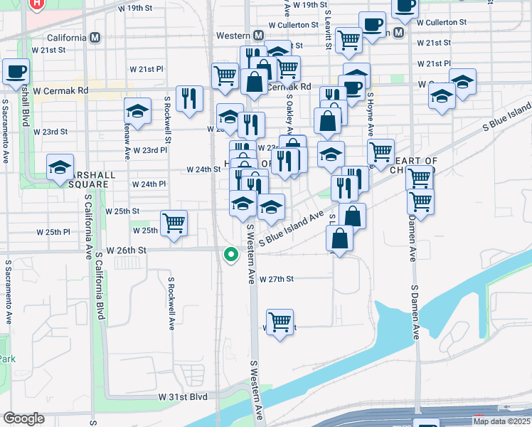 map of restaurants, bars, coffee shops, grocery stores, and more near 2324 West 25th Street in Chicago